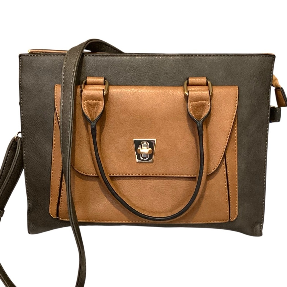 Dasein Vegan Leather Tote Satchel Handbag Colorblock Briefcase Dark Gray‎ & Tan